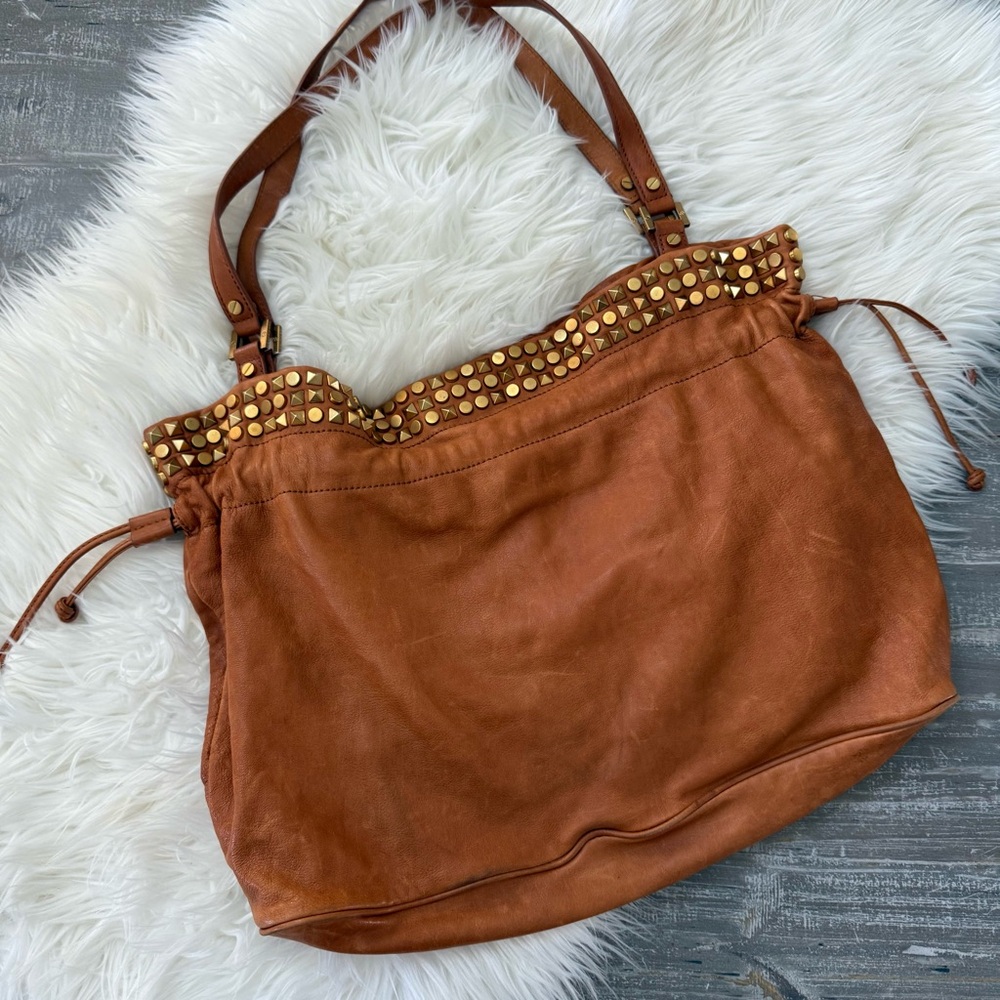 TORY BURCH Tan Studded Linden Leather Tote Bag - Picture 2 of 8